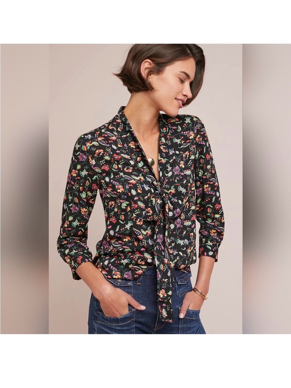 Anthropologie "Colloquial" floral neck-tie blouse